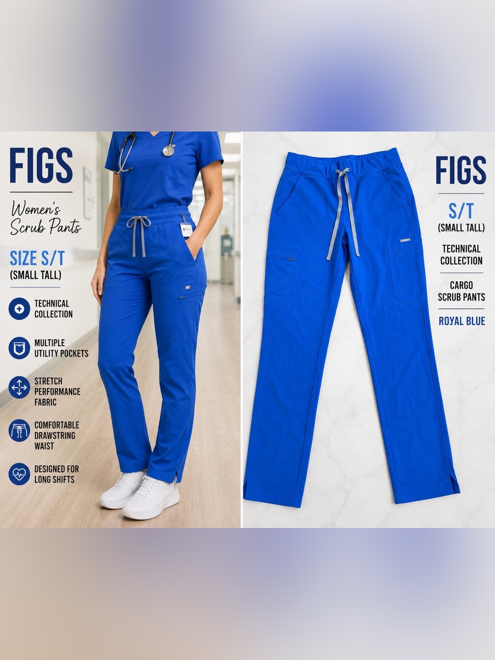 FIGS Technical Collection Scrub Pants Women’s Size S/T Blue Drawstring Cargo